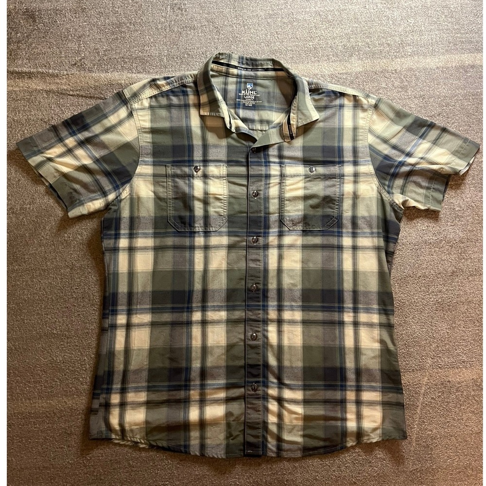 Kuhl Mens Large Tapered Fit Plaid Short Sleeve Button Down Shirt Gorpcore Rugged